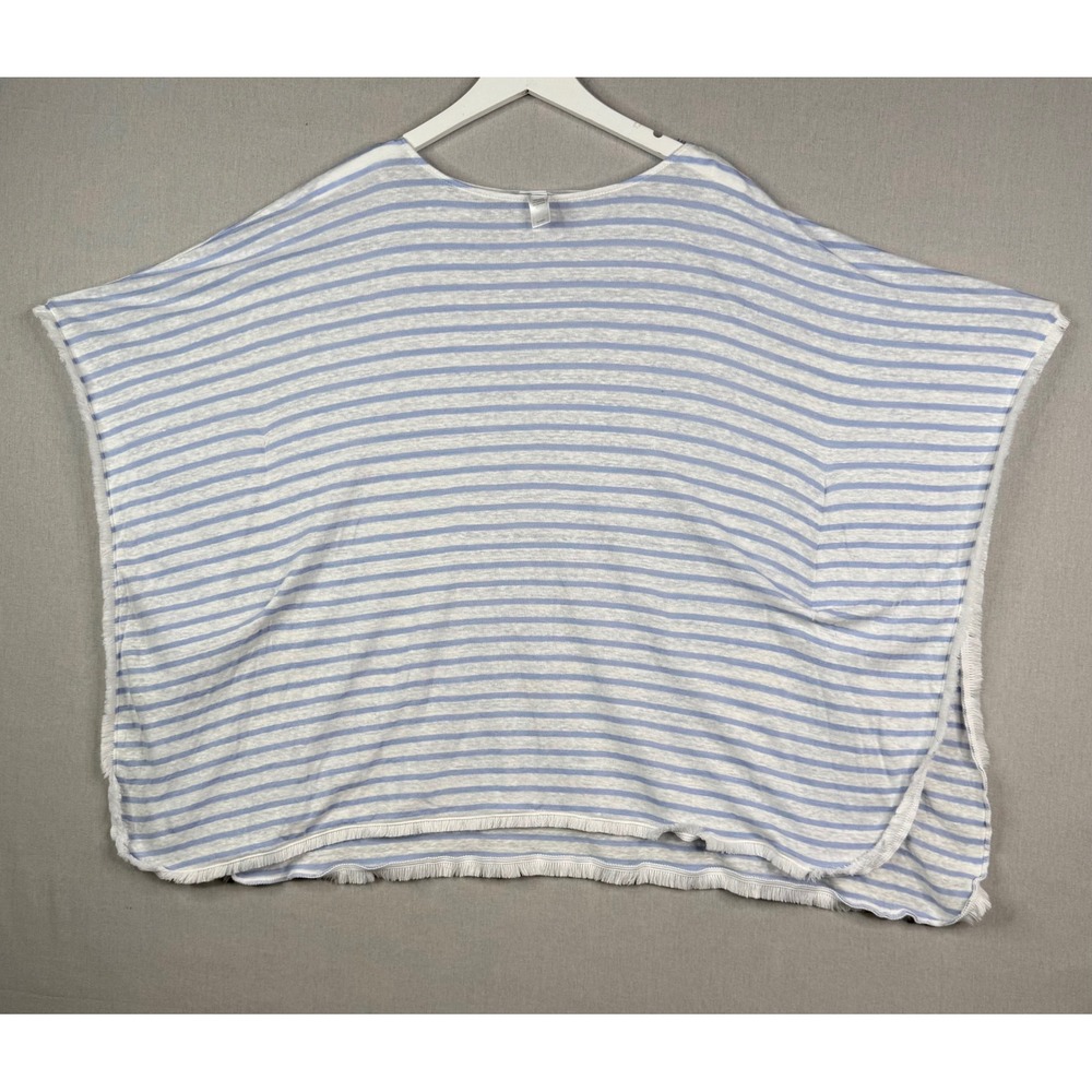 J. Jill Linen Poncho Top Womens M/L Blue White Striped 100% Linen Fringe Hem